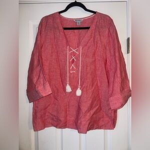 Tommy Bahama Coastalina Tassel Linen Tunic Blouse, Paradise Pink/Red Size L